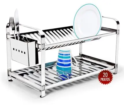 Escorredor de Pratos Duplo 20 Pratos - Montado Porta Talher Em Aço Inox