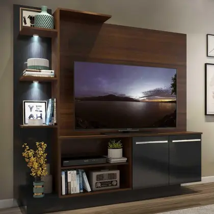Estante com 2 Leds Painel TV 55 e 2 portas Dallas Multimóveis Madeirado Pretoom